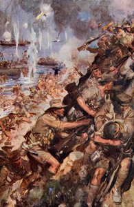 Te midden van schoten en granaten bereikten we het smalle strand, landing bij Gallipoli, illustratie uit 